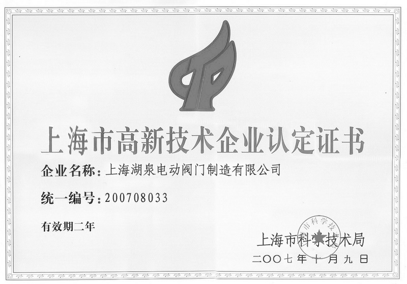 上海市高新技术企业认定证书