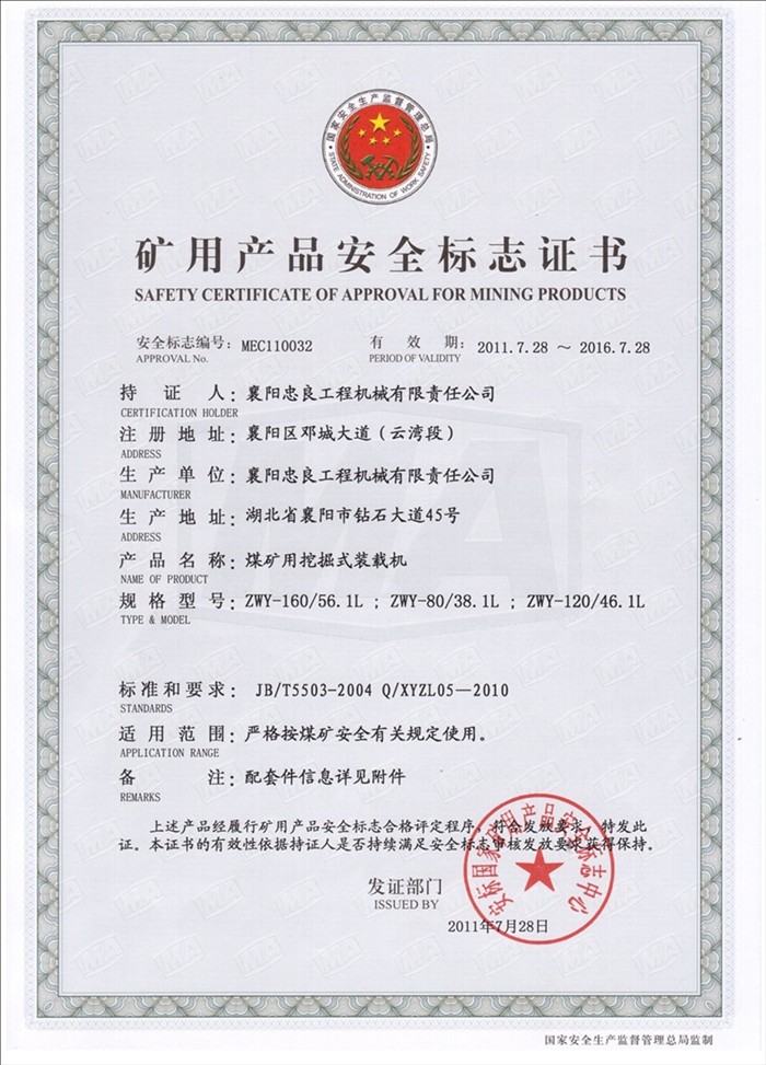 矿用产品安全标志证书【zwy-120】