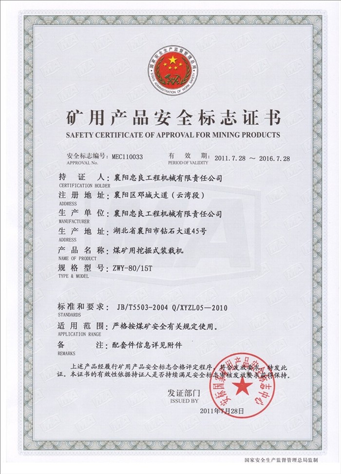 矿用产品安全标志证书【ZWY-80T】