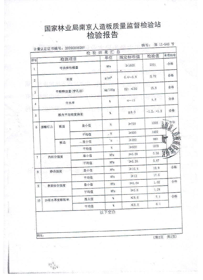 国家林业局南京人造板质量监督检验站检验报告