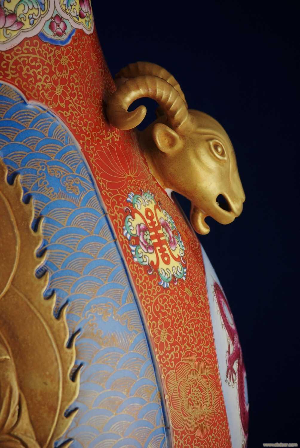 手绘仿古双耳本金佛福筒