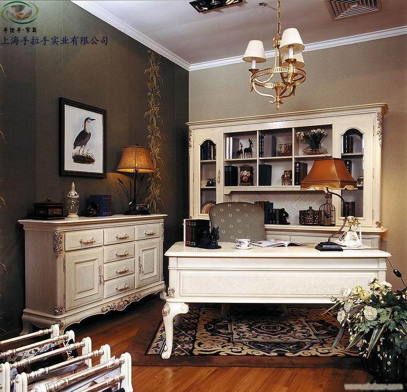欧式家具定做,板式家具,洛可可风格，书桌书柜组合，高靠背