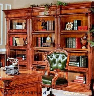 上海欧式书柜，欧式床,别墅装修，深色仿红木书柜，办公桌书柜配套