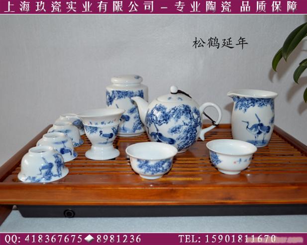 上海茶具公司专卖青花瓷工夫茶具,贺寿茶具推荐-松鹤延年