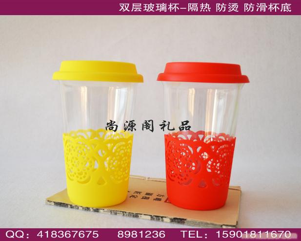 上海双层玻璃杯订做，硅胶盖双层玻璃杯定制，上海定制玻璃杯