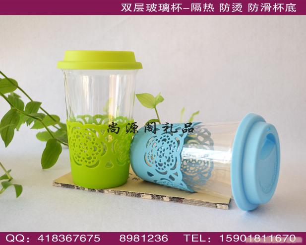 定制双层玻璃杯，配硅胶盖硅胶保护杯垫，上海双层玻璃杯定做
