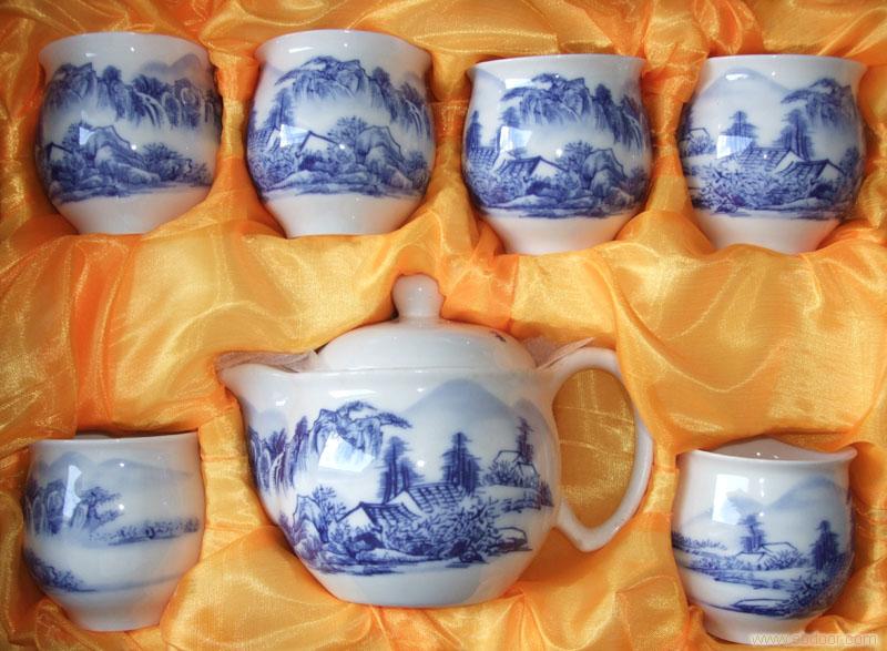 双层青花瓷整套景德镇陶瓷器茶具-山水画