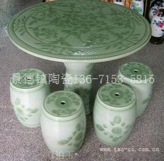 景德镇陶瓷桌凳-影青雕刻牡丹 陶瓷桌 一桌四凳 桌凳套装