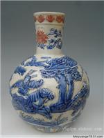 青花釉里红刀马人物天球瓶瓷器鉴定，火热征集