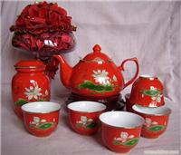 中国红瓷之8头金福荷花陶瓷茶具 
