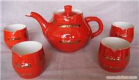 中国红瓷之5头唐装描金陶瓷茶具套装 