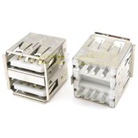 USB双层母座 180度焊线式L=14.2mm 卷边 带插脚 白胶芯 立式焊线