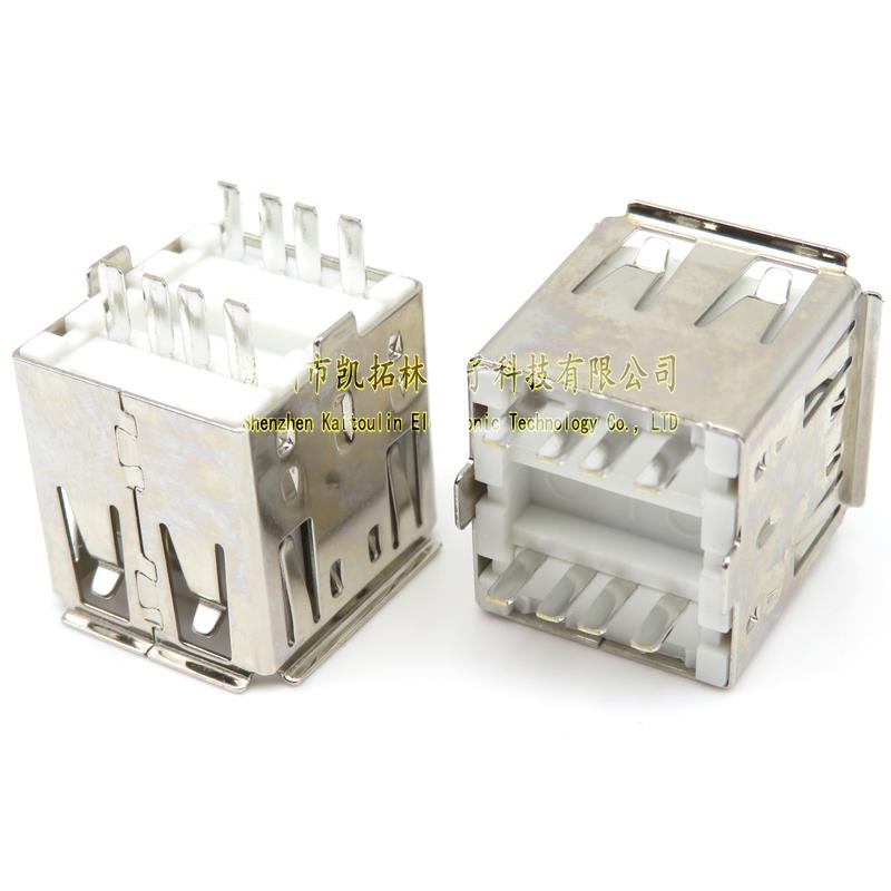 USB双层母座 180度焊线式L=14.2mm 卷边 带插脚 白胶芯 立式焊线