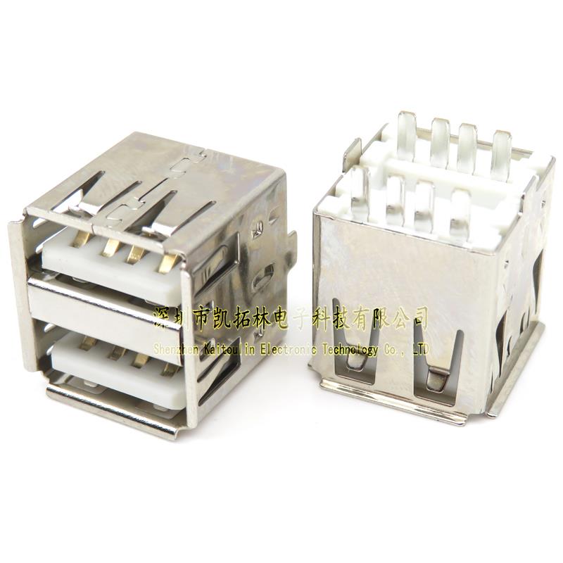 USB双层母座 180度焊线式L=14.2mm 卷边 带插脚 白胶芯 立式焊线