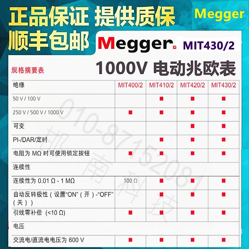 美国MEGGER电子摇表型号MIT430/2手持式绝缘电阻测试仪1000V电动兆欧表电压1000V进口专用测试表笔现货北京