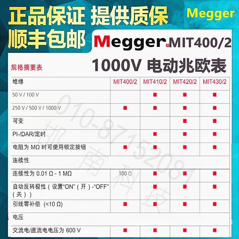 美国MEGGER电子摇表型号MIT400/2手持式绝缘电阻测试仪1000V电动兆欧表电压1000V进口专用测试表笔现货北京