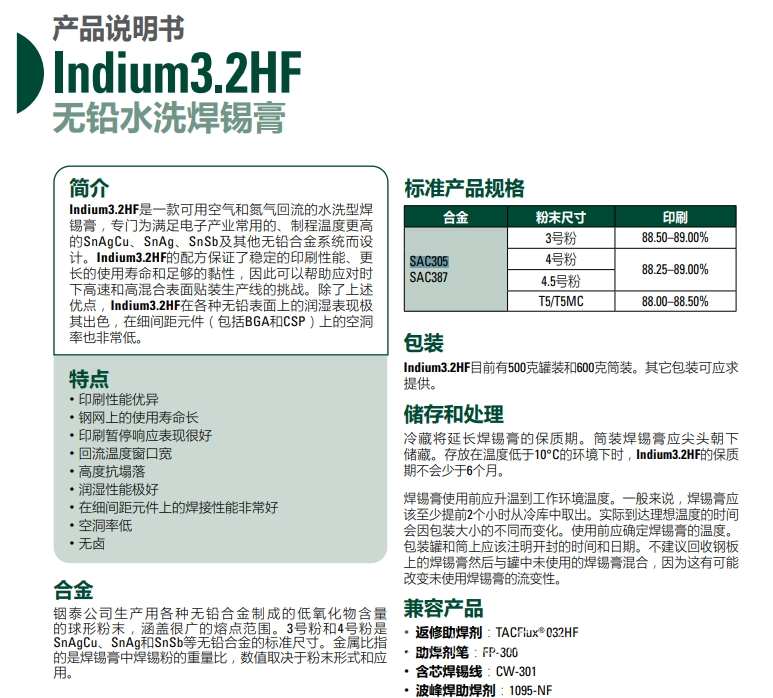 铟泰Indium3.2HF 无铅水洗焊锡膏