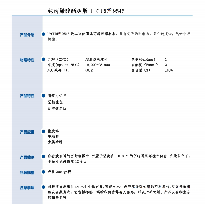 UV光固化 附着力优异 固化快 气味小 纯丙烯酸酯树脂9545