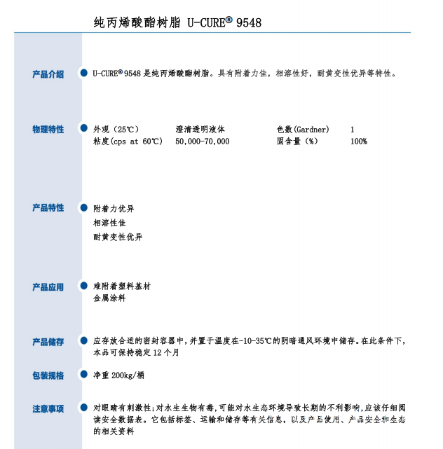 UV光固化 附着力佳 相溶性好 耐黄变性优异 纯丙烯酸酯树脂9548