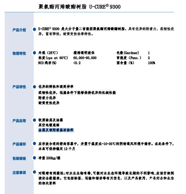 耐黄变性佳 富有弹性 聚氨酯丙烯酸酯树脂9300
