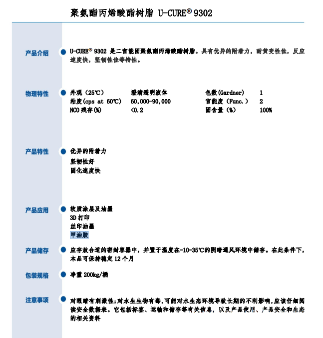 附着力优异 耐黄变性佳 UV光固化树脂9302